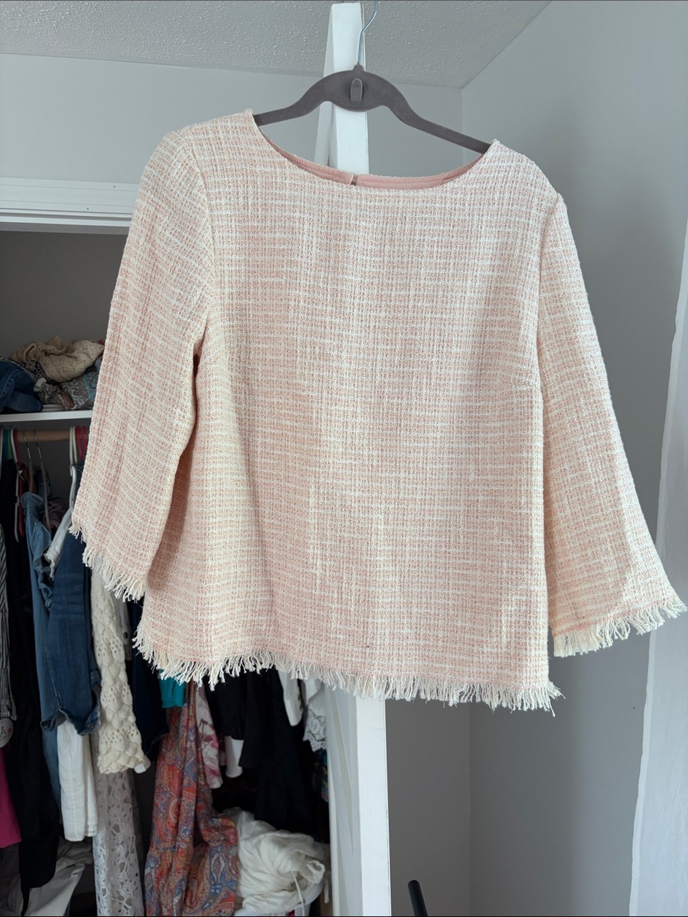 Anne Klein Pink Tweed Fringe Neckline Top